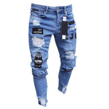 Men Stretchy Jeans Hole Taped Slim Fit